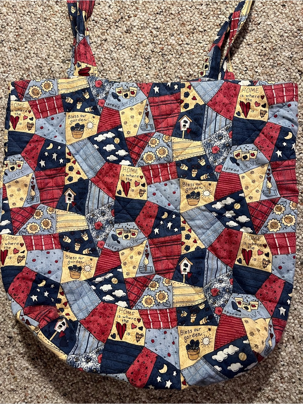 Handmade Quilted Patchwork Tote with Bag in Red, Navy & Yellow - Picture 2 of 8